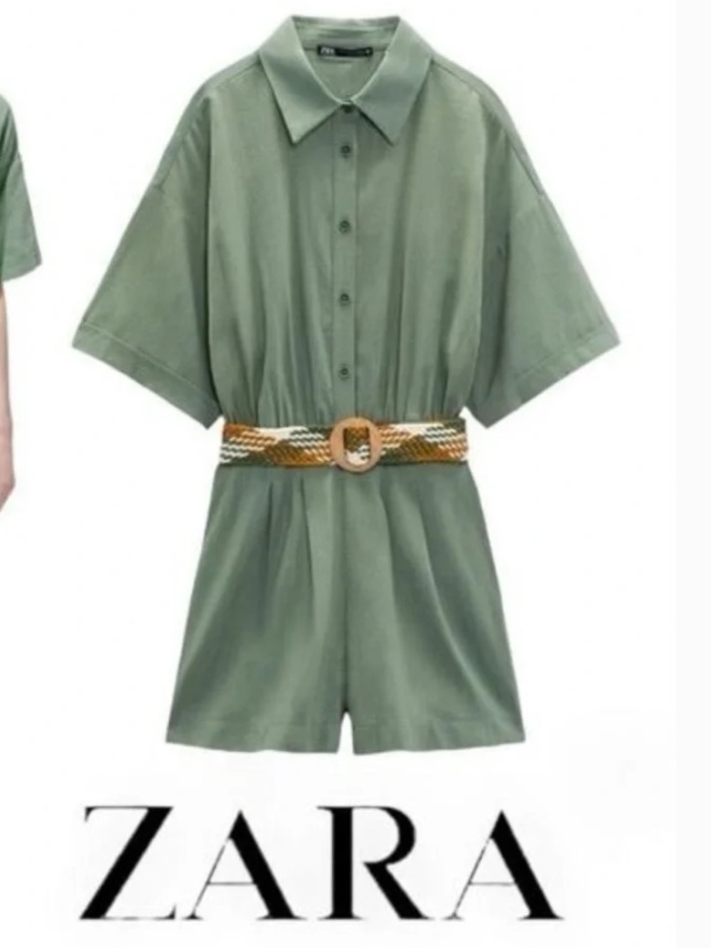Zara women green linen shirt dress with belt